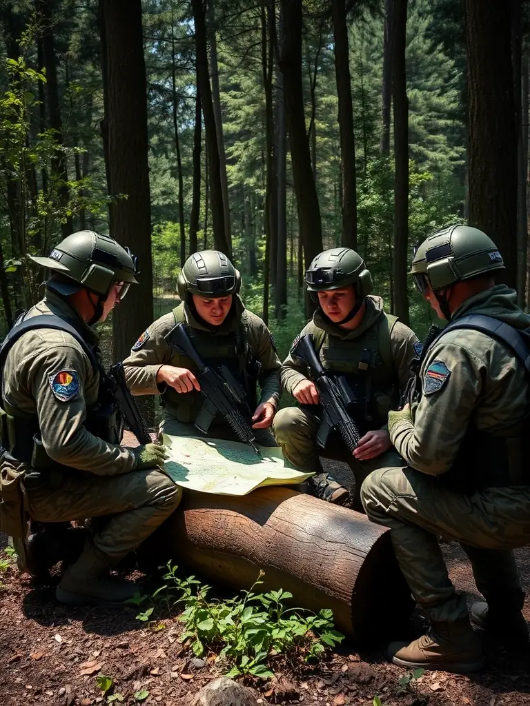 A high-resolution action shot of an airsoft team strategizing during a scenario game in a wooded area, showcasing teamwork and tactical planning.
