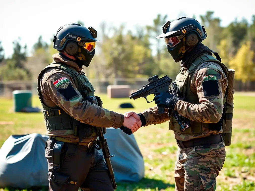 A group of airsoft players are shaking hands after a match, demonstrating respect and sportsmanship in a friendly outdoor setting.