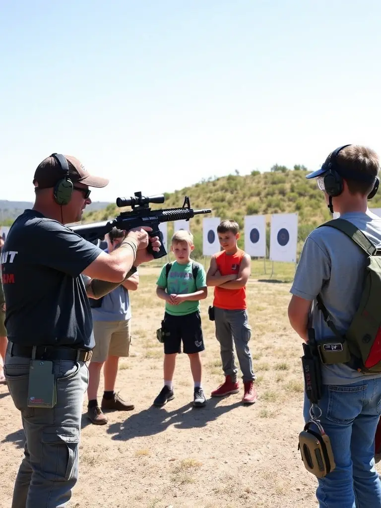 A dynamic image of participants in a training session, focusing on safe gun handling and aiming techniques, led by a certified instructor.