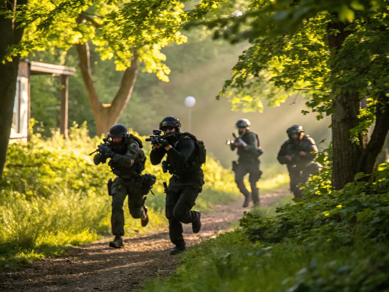 A dynamic image showing a group of airsoft players in action during an organized game, showcasing teamwork and strategic gameplay in a wooded area.