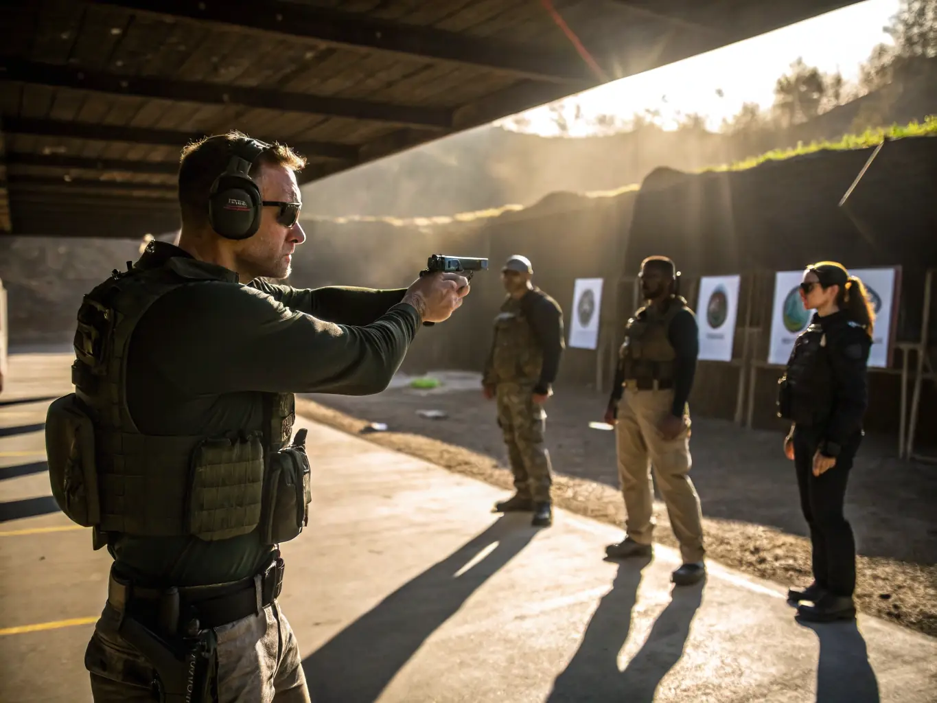An airsoft instructor is demonstrating proper safety gear usage to a group of attentive participants, emphasizing the importance of safety in Airsoft Family 44.