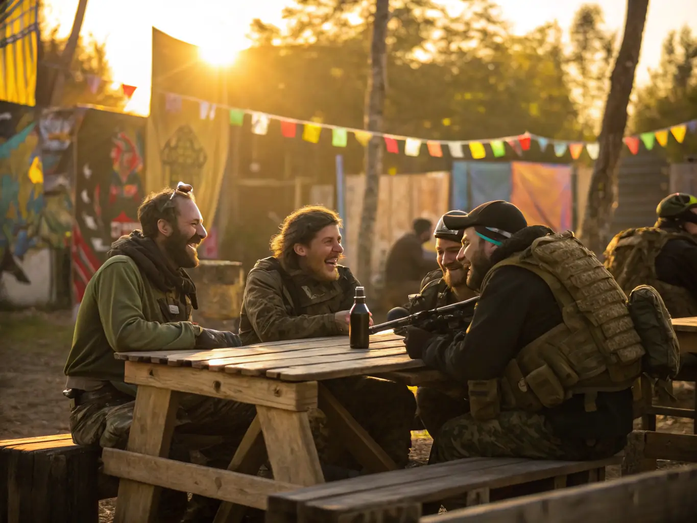 A heartwarming image of Airsoft Family 44 members enjoying a social gathering with food and drinks after an airsoft game, fostering community and friendship.
