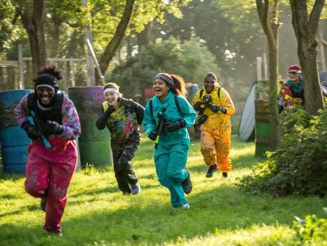 A diverse group of airsoft players, both male and female, young and old, are laughing and strategizing together before a game, showcasing the inclusive community of Airsoft Family 44.